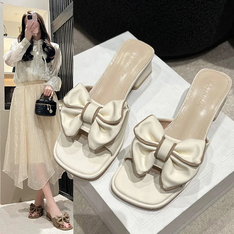 Shoes Med Square heel Slippers Heels Big Size Butterfly-Knot Low Slipers Women Slides Block High 2024 Butterfly-knot Fabric Rubb