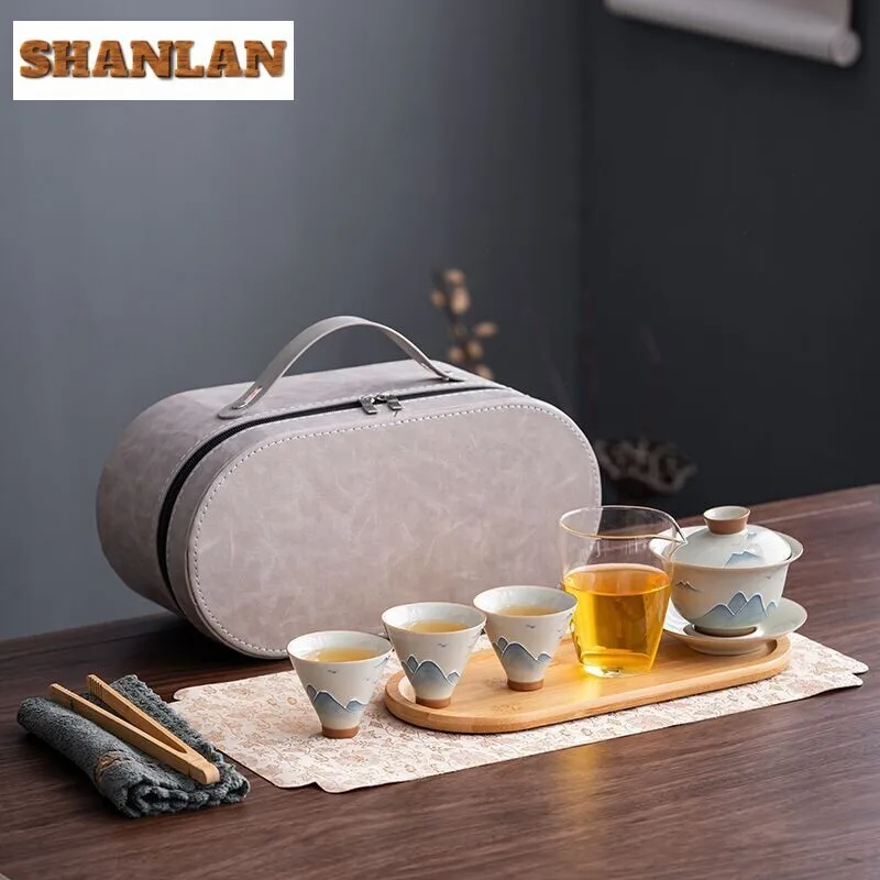 Plant Ash Hand-painted Landscape Cover Bowl Set Household Portable Tea Set Ancient Tea Ceremony Set Bowl and Cup Set Cafes Craft