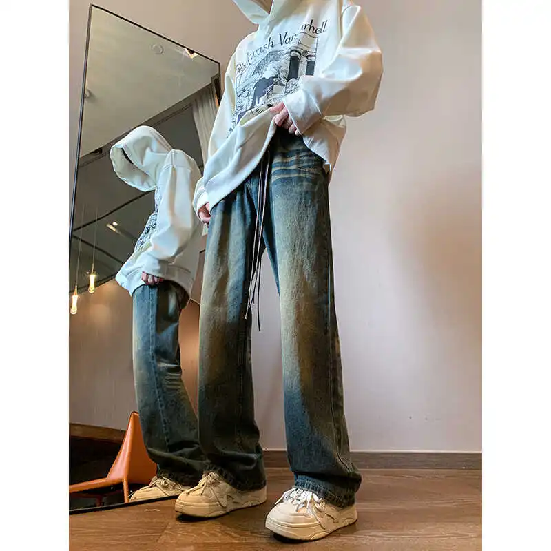 

Мужские джинсы Waed Vintage прямого кроя, повседневные, свободные, расклешенные, в американском уличном стиле, длинные брюки для подростков