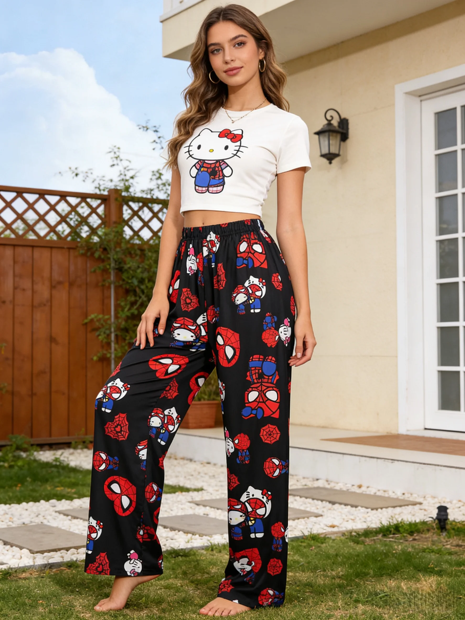 

Новые пижамные штаны Hello Kitty в стиле Y2K, мягкие повседневные брюки с аниме-принтом, домашние штаны с мультяшным рисунком, подарок для пары