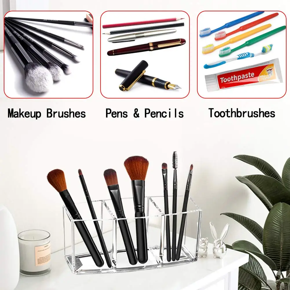 Acryl make-upborstel organisator houder heldere cosmetische borstels opbergdoos met 3 slots voor desktop ijdelheid badkamer potlood pen