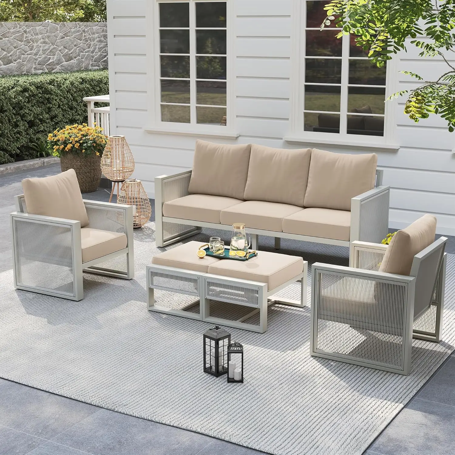

Aluminum Patio Conversation Set Ottoman 5 Piece All Weather Thickened Cushions Garden Porch Balcony Grey Beige Customized