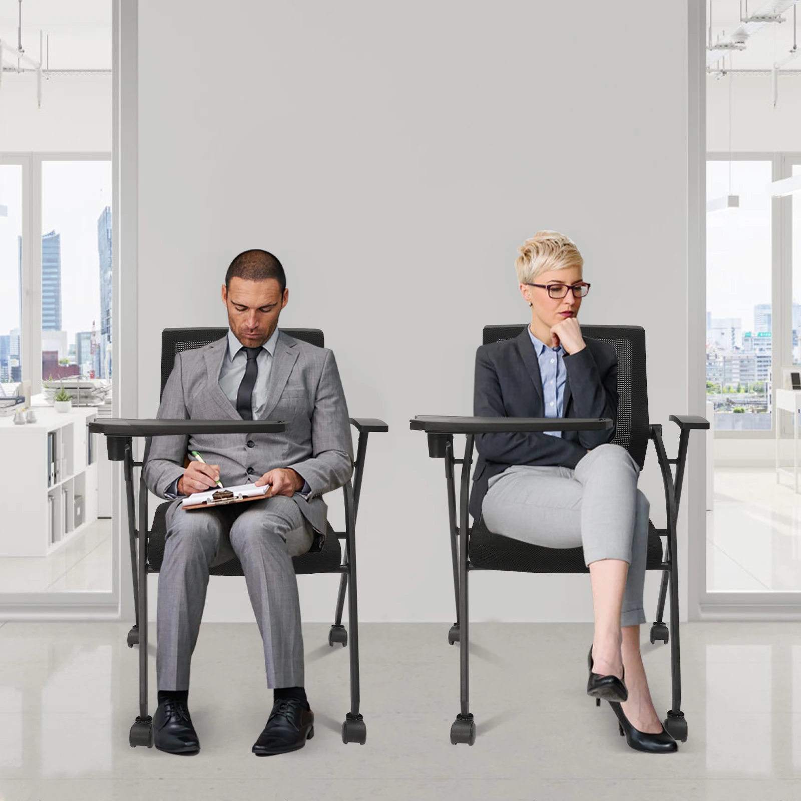 Tablet Arm Chair com Rodízio Rodas, Mesh Guest Nesting Empilhamento, escritório, escola, sala de aula, 2 pcs