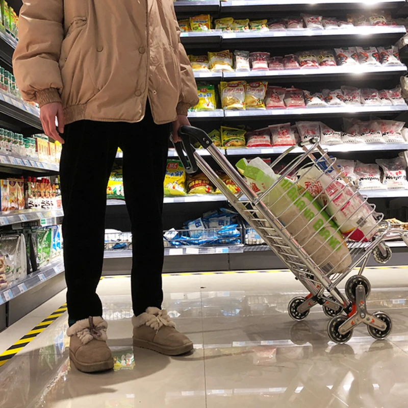 Folding Grocery Cart Portable Shopping Trolley Aluminum Alloy Lightweight Step Climbing Trolley with Telescopic Rod 35L Big