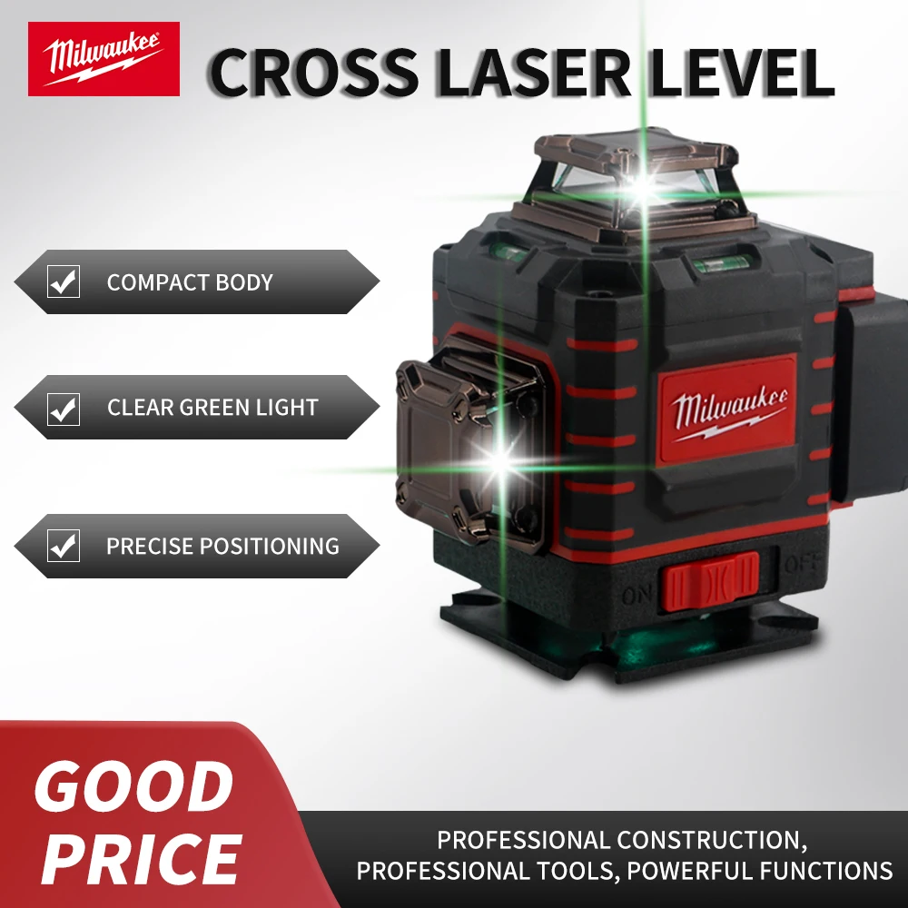 Milwaukee 4 Sides*360 Degree Vertical 4.2V Milwaukee 3-4D Laser Level Green Beam 16 Lines Self-leveling Vertical Cross Line Lase