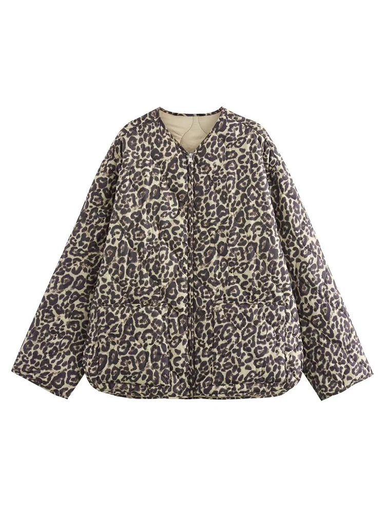 Korean Women Leopard Print Winter Cotton Coats Fashion Casual Loose Streets Coats Long Sleeves Pockets New In Outerwears Coat