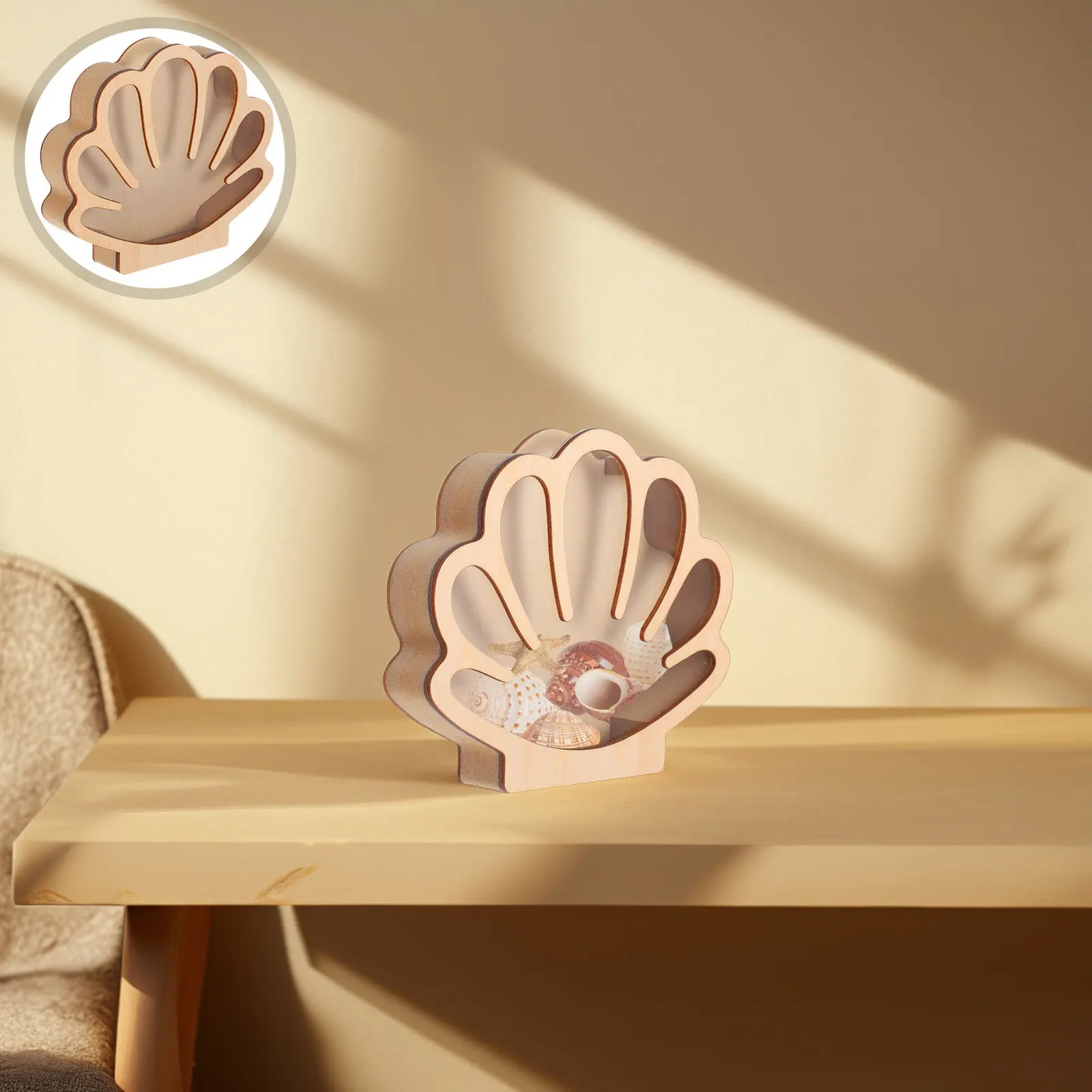 

Wooden Seashell Storage Box Elegant Decorative Display Case for Seashells Small Space Enhancer Multi-Function Tabletop Shadow