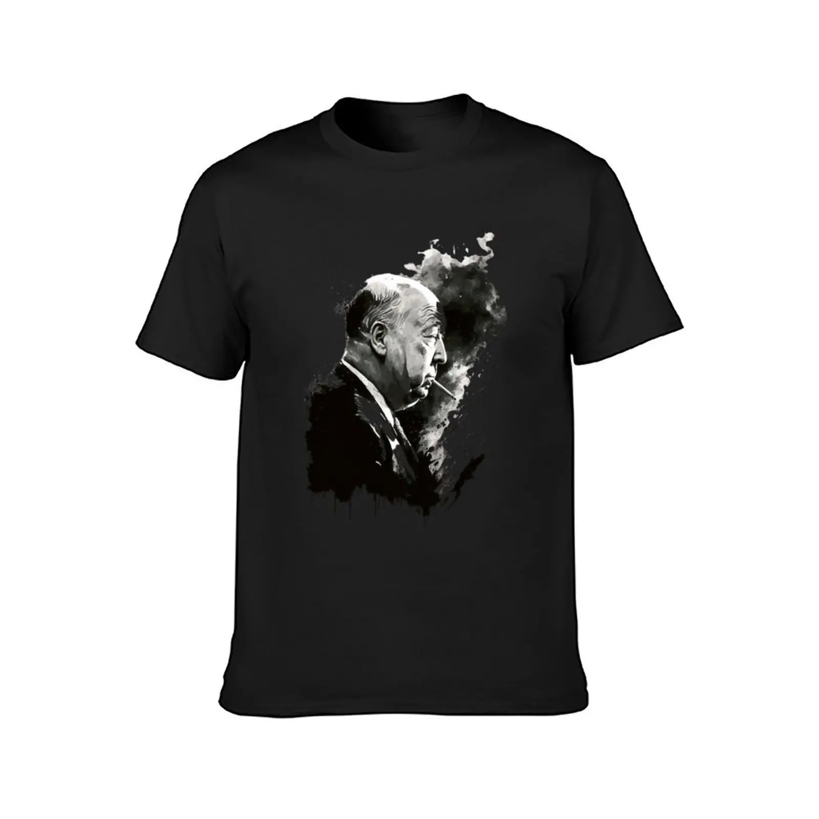 Alfred Hitchcock drawing black and white T-Shirt sports fans summer top black t shirts for men