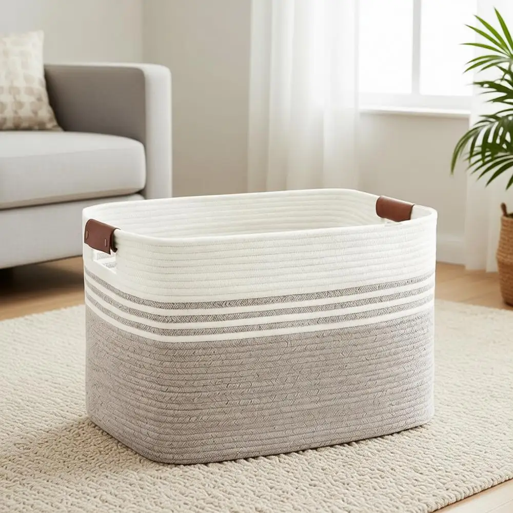 

Large Woven Laundry Basket with Leather Handles, Storage for Living Room, Blankets, Toys, 24x16x14 Inches, White and Brown