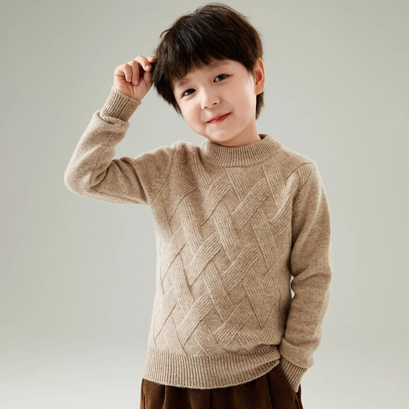 

Зимний детский вязаный свитер из 100% шерсти с круглым вырезом для мальчиков, кашемировый зимний пуловер для девочек, стильный детский свитер на однотонной основе