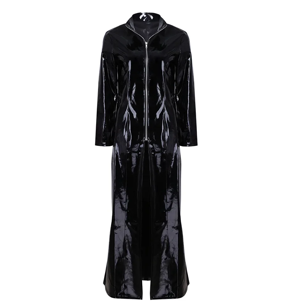 Shiny PVC High Split One-Piece Dress Wet Look PU Leather Windbreaker Outwear Performance Robe Faldas Jacket Women Long Dresses