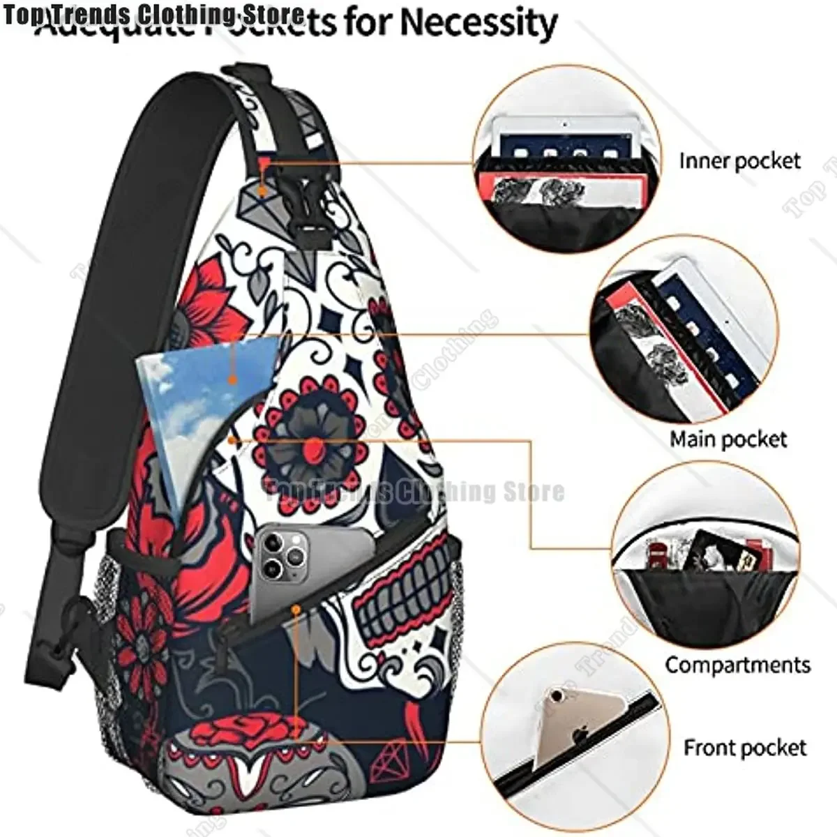 Day Dead カラフルなシュガースカルフローラルスリングバックパックチェストバッグ防水クロスボディショルダーバッグ、軽量ハイキングデイパック