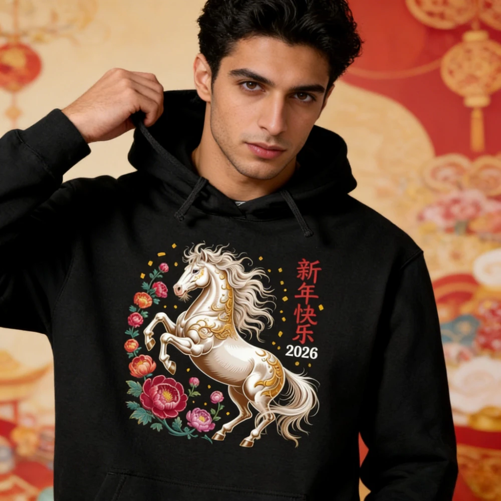 

Счастливый китайский лунный Новый год лошади, одежда 2026, мужской и женский повседневный пуловер с капюшоном, новогодние толстовки унисекс в винтажном стиле