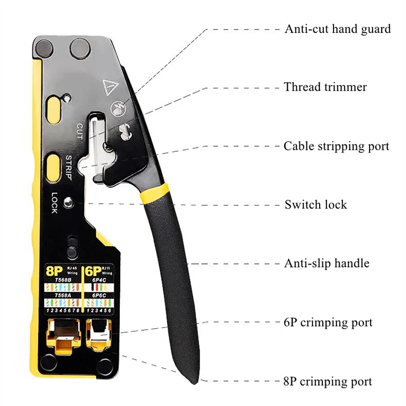 HTOC RJ45 Crimp Tool Pass Through Kit With Network Lan Cable Tester 50PCS CAT6 Pass Connectors 50PCS Boots Mini Cable Stripper