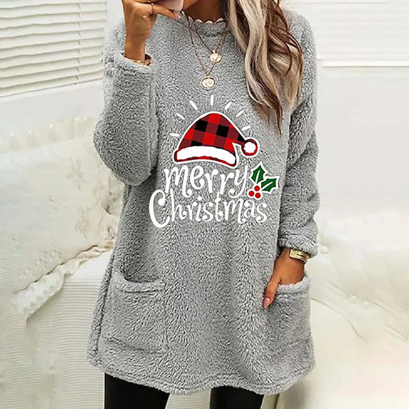 Christmas Fluffy Women Hoodie Casual Pullover Autumn Winter Pocket Tops Women Korean Fashion Sweatshirts Winter Clothes Women