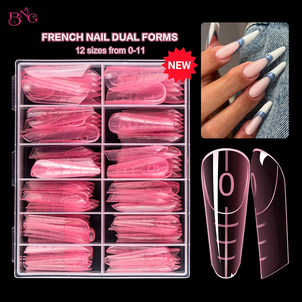 BNG 120Pcs Dual Forms Nails for French Manicure Short Nail Bed Nail Extension Mold with Rim insided Quick Building French Nails