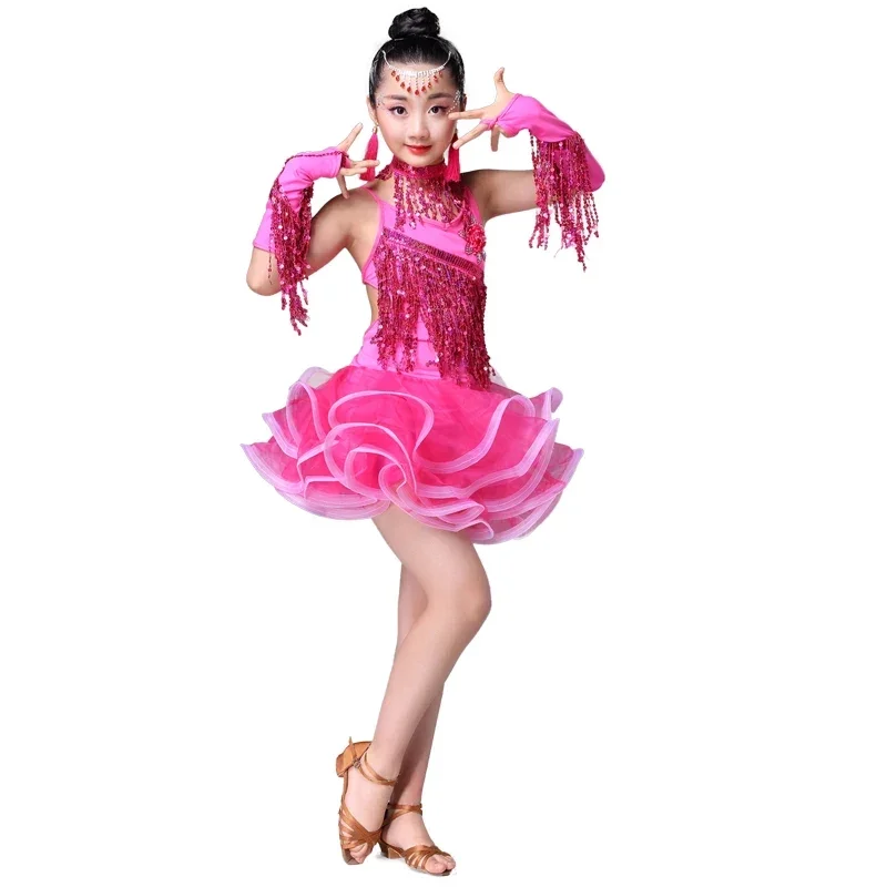 Children's Latin Dance Costumes Children's Latin Skirt Sequins Performing Competition Costume Girls Salsa Dancing Tassel Dress