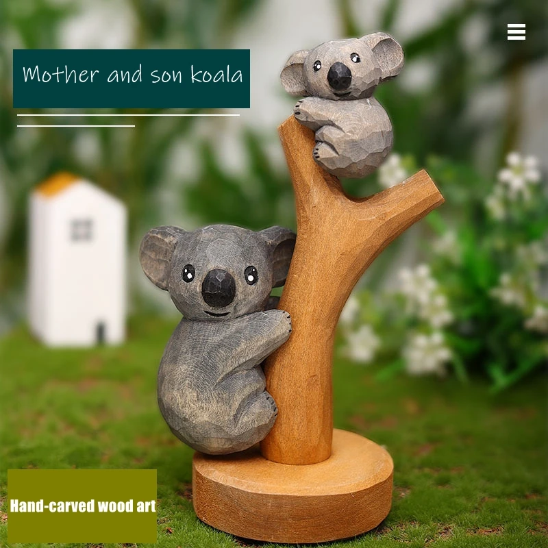 

Wood carving koala mother and baby ornament detachable koala climbing tree handmade wooden crafts desktop decoration