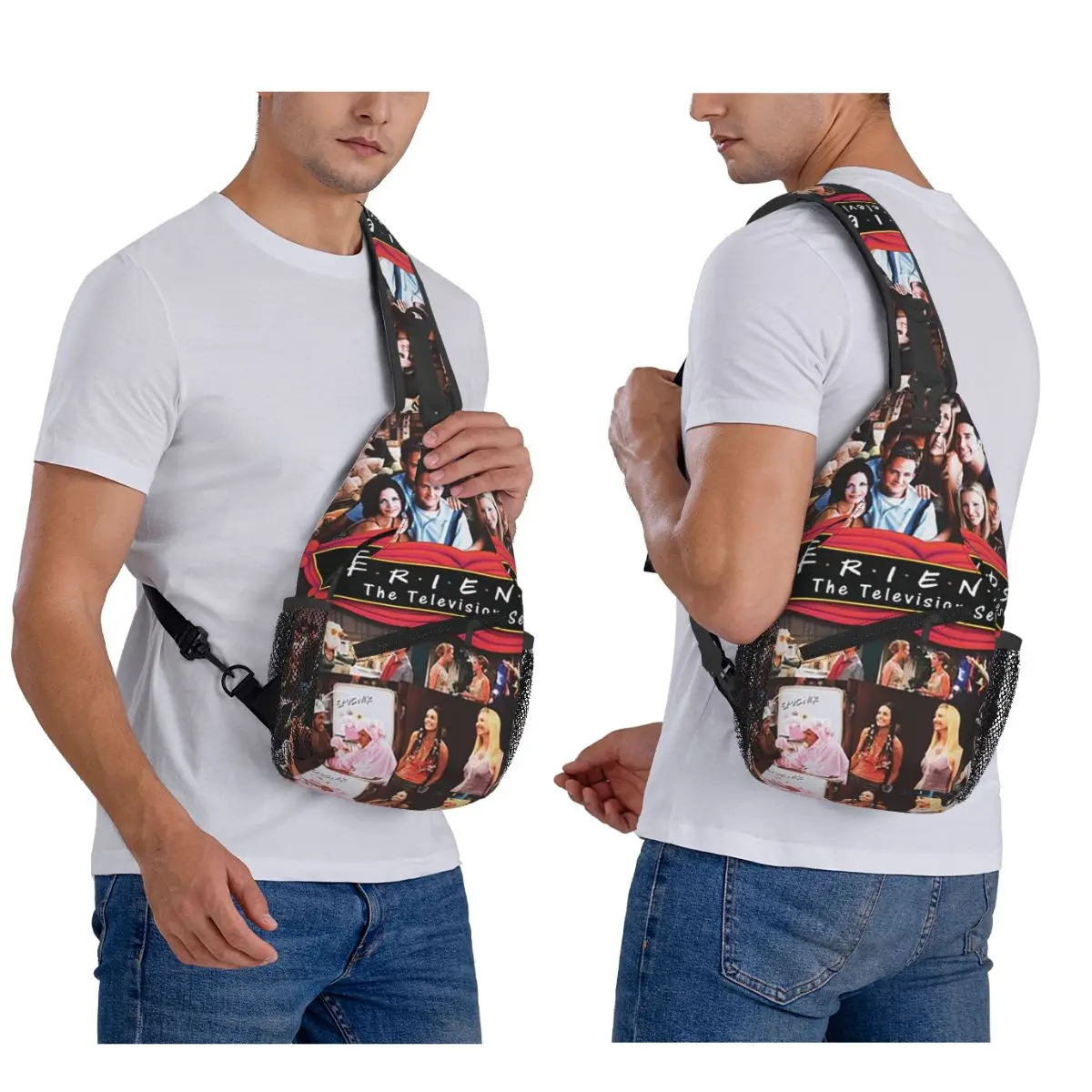 ريترو خمر الأصدقاء الكولاج الكلاسيكية التلفزيون حقيبة صدر للرجال الرجال الرافعة Crossbody على ظهره حقيبة صدر للرجال السفر المشي لمسافات طويلة Daypack حقيبة كتف