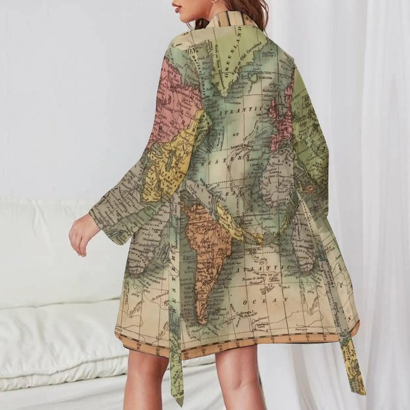 World Map Pajama Robe V Neck Vintage Map of The World 1811 Soft Dresses Woman Long Sleeve Bedroom Bathrobe Design Pajamas Robes