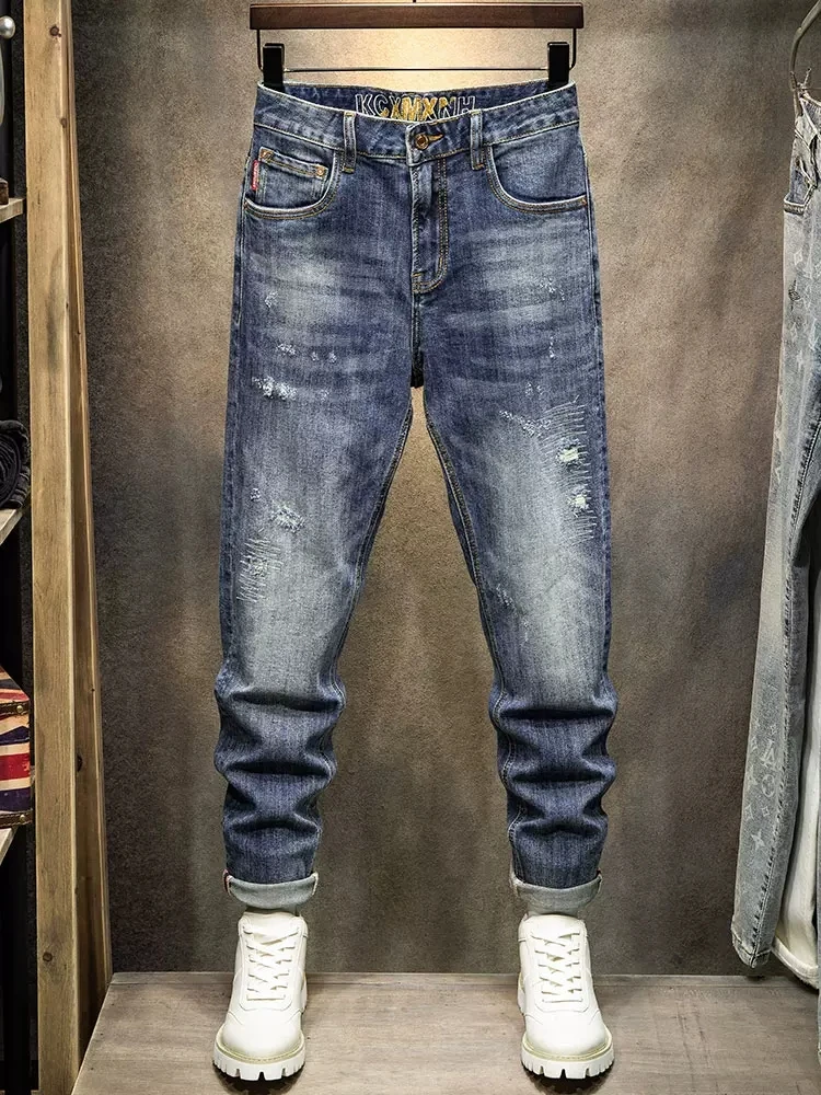 Fashion Designer Men Jeans High Quality Retro Blue Elastic Slim Fit Ripped Jeans Men Patched Vintage Casual Denim Pants Hombre