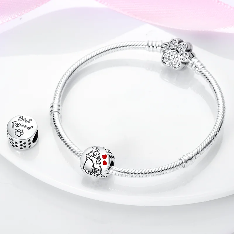 Dogs Pet Charms 925 Silver Heart Shaped Pink Zircon Claws Pendants Fit Original S925 Bracelets Fine DIY Birthday Jewelry Gifts