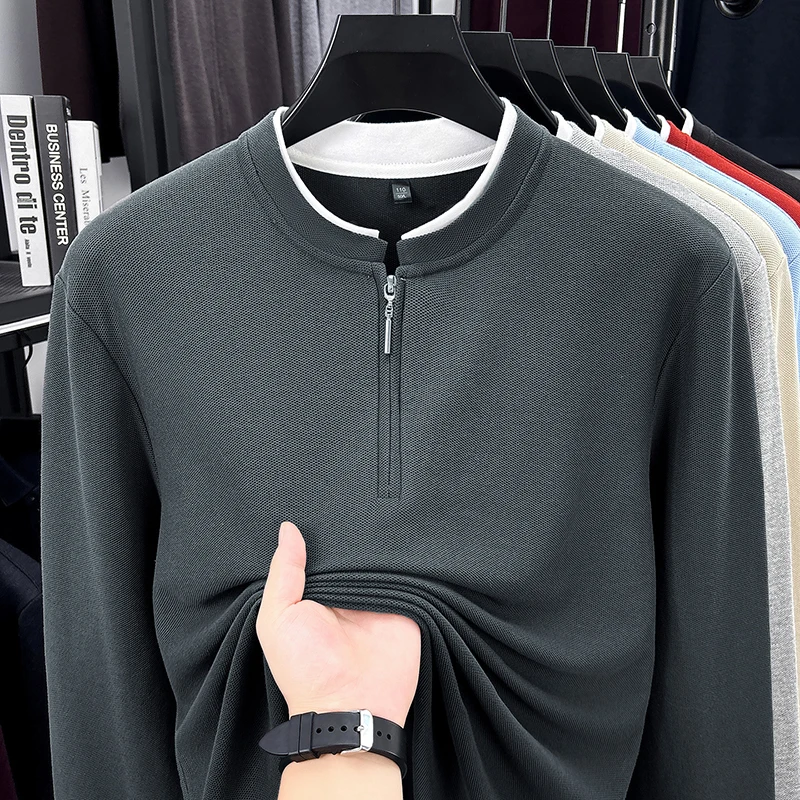 Men's Exquisite Half Zip Stand Collar Long Sleeve T-Shirt 100% Cotton Solid Color Fake Two Piece Tops Casual Commute Men's Wear