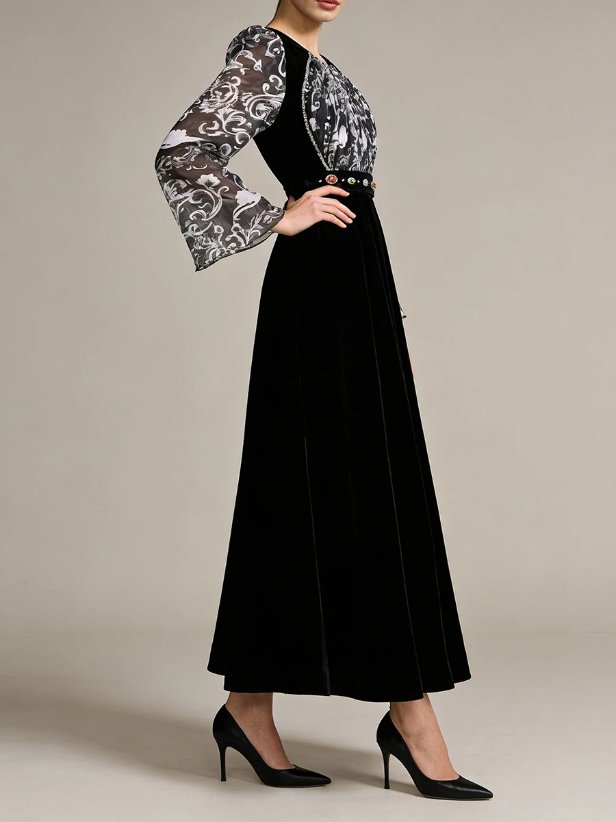 VGH ريترو فاخر المرقعة حزام معدني فستان مخملي للنساء س الرقبة طويلة الأكمام تقسم طباعة بقماش شفاف فساتين متوسطة الطول الإناث #2