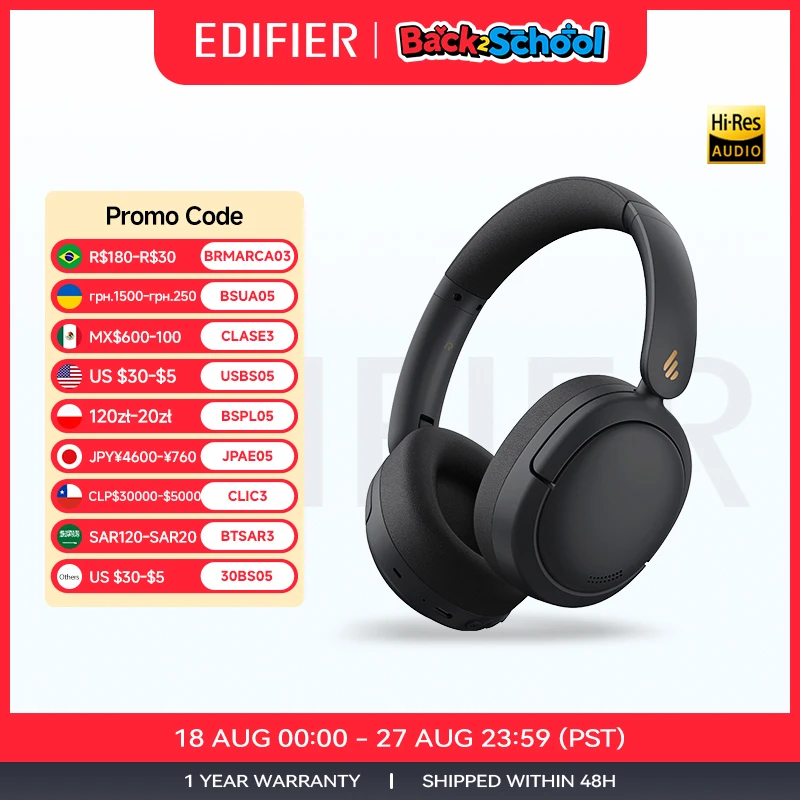 Edifier W800BT Pro Cuffie wireless Bluetooth 5.4 Cuffie over-ear -44dB Cancellazione attiva del rumore Audio ad alta risoluzione 45 ore di riproduzione