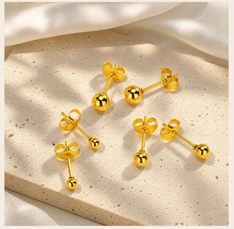 18K vergoldete Kugel-Ohrstecker für Damen, hypoallergene runde Edelstahl-Ohrringe, minimalistischer Alltagsschmuck – Detail 4