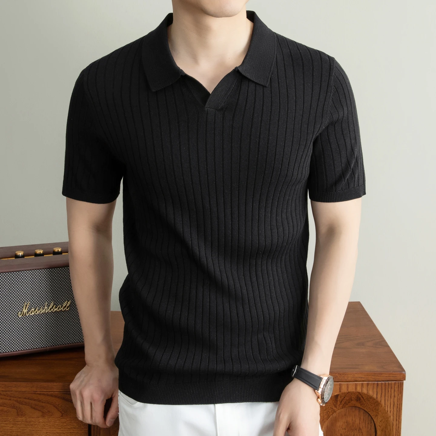 

Men's Summer Thin Sleeve T-Shirt Cool Feeling Casual Turn-Down Knit Polo Shirt