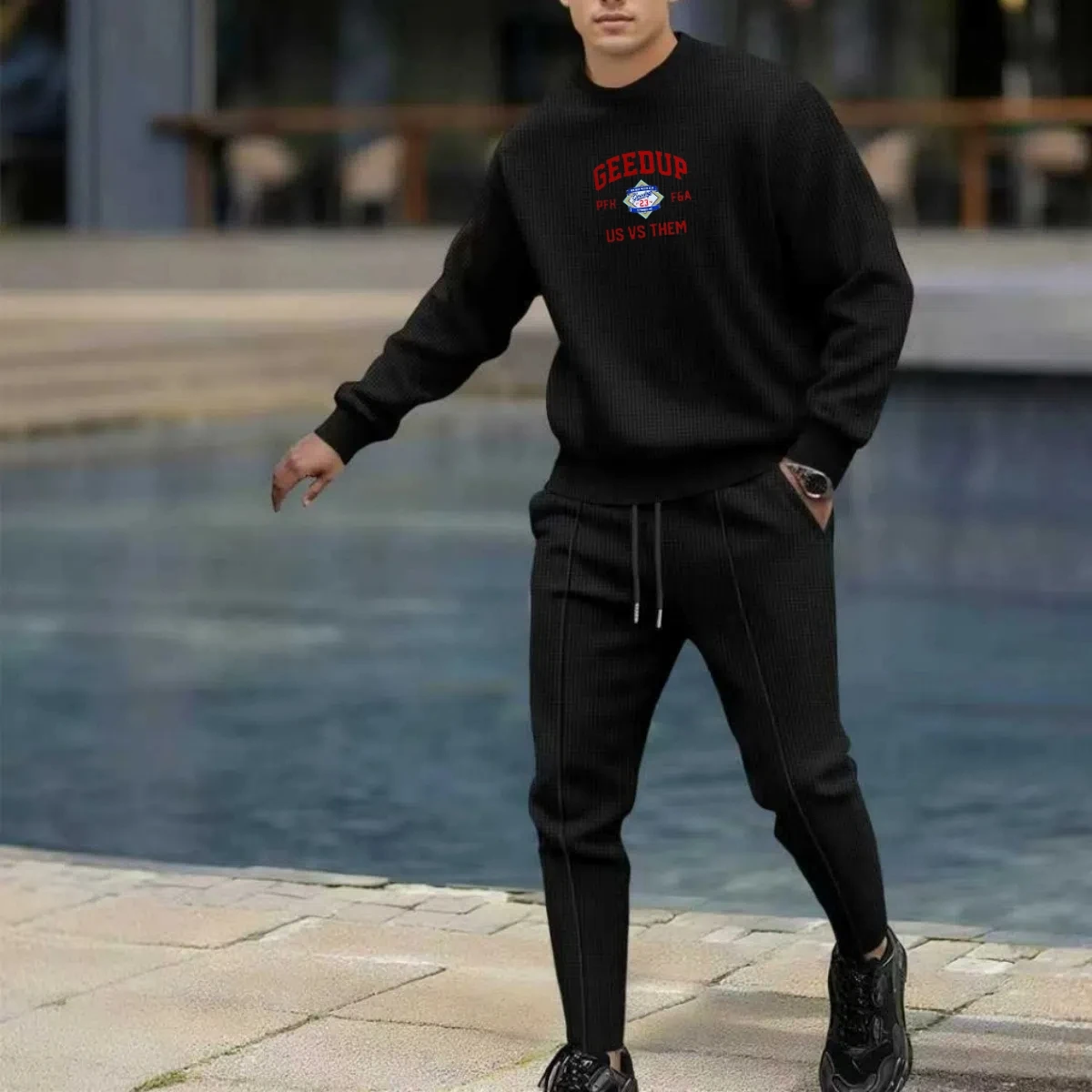 Men's Spring Autumn Fashionable Round-Neck T-Shirt Set Waffle Fabric Comfortable Polyester Long-Sleeved Trousers Two-piece set