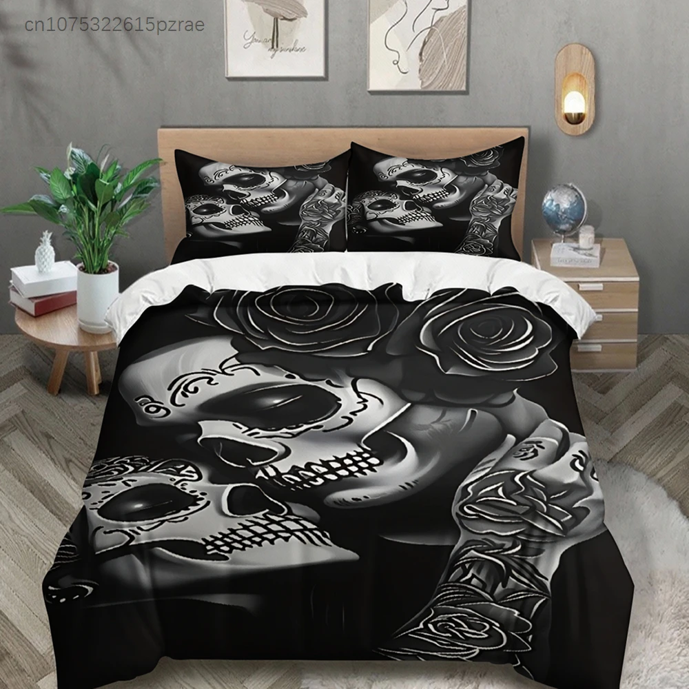 3pcs Skull And Rose Bedding Sets 3D Printed Black And White Duvet Cover Sets With Pillowcases No Filling