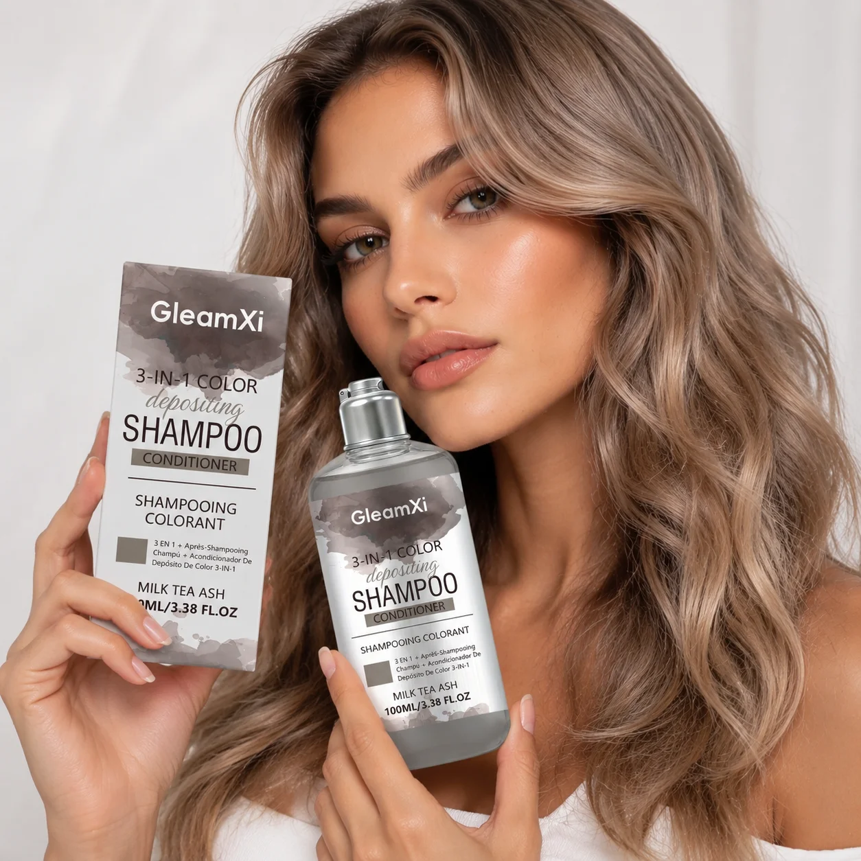 GleamXi 3‑In‑1 Color Depositing Shampoo Even Hair Color Moisturizing Hair Anti Fading Milk Tea Ash Hair Dye Shampoo 100ml