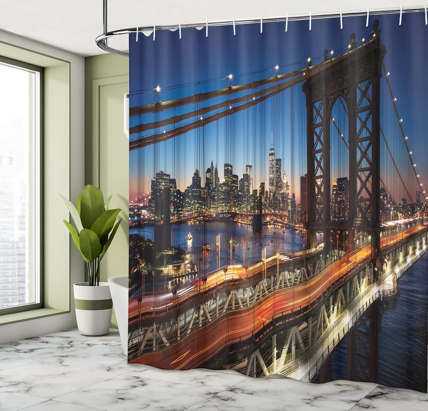 

NYC Brooklyn Bridge Shower Curtain with Hooks – Sunset City Skyline, Iconic New York Landmark Bathroom Decor
