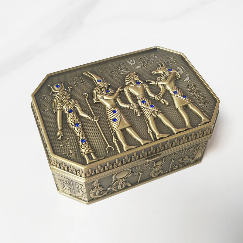 Retro Metal Jewelry Box Egypt Myth Pharaoh Sun God Pattern Carved Souvenir Gift Storage Case Ring Necklace Organizer Chest