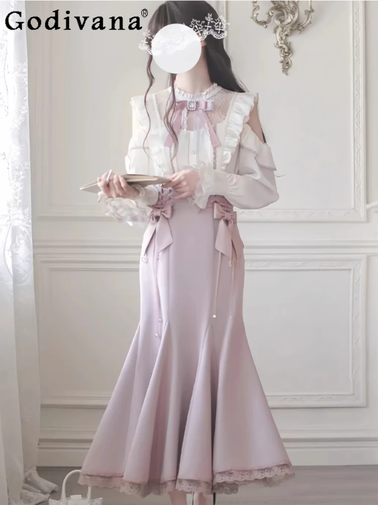

New Spring Pink Sweet Japanese Long Sleeve Ruffles Off-the-shoulder Shirt Elegant A-line Temperament Lace-up Fishtail Skirt Sets