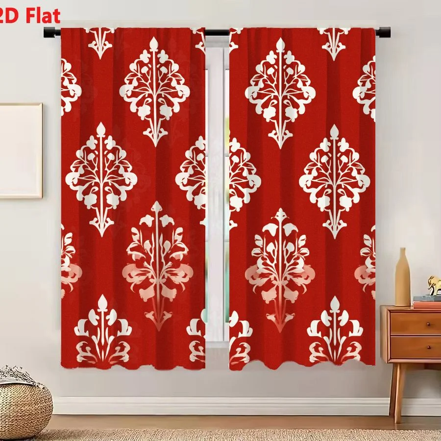 2Pcs Curtains 2D Flat Deep Red Damask Pattern With Cream Floral Motifs And Subtle Pink Variations Window Drapes for Bedroom Room