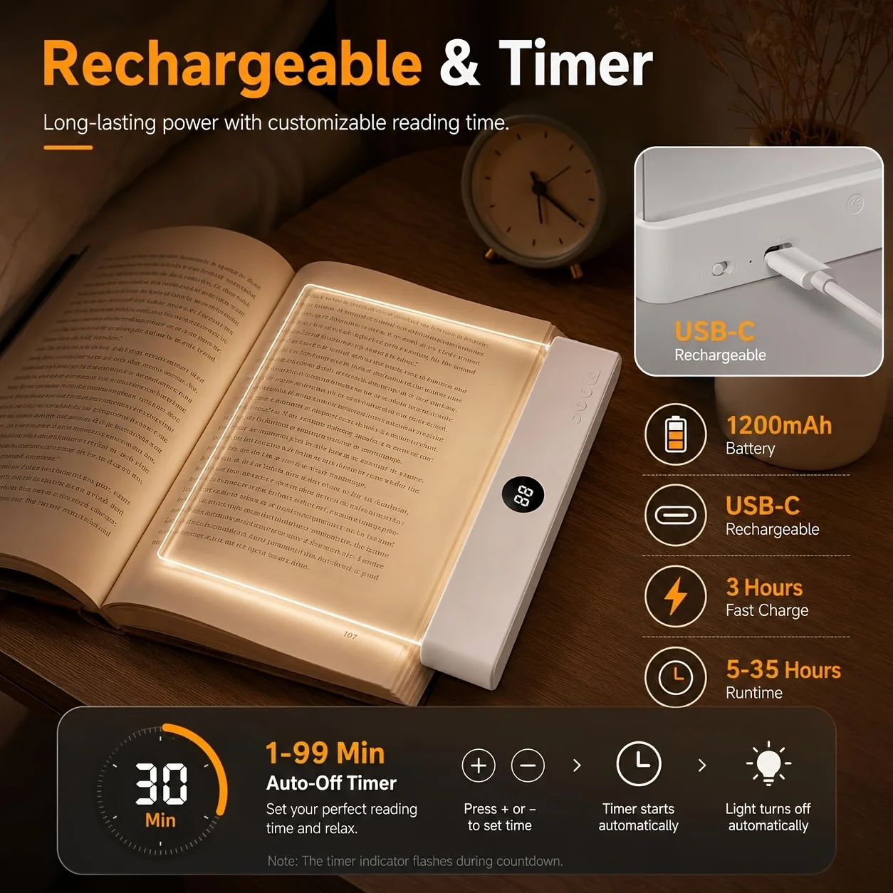 LED Book Light and Night Light 2 in 1, 3 Color Temperatures & Stepless Dimming, USB Rechargeable Reading Light with Timer for Ni