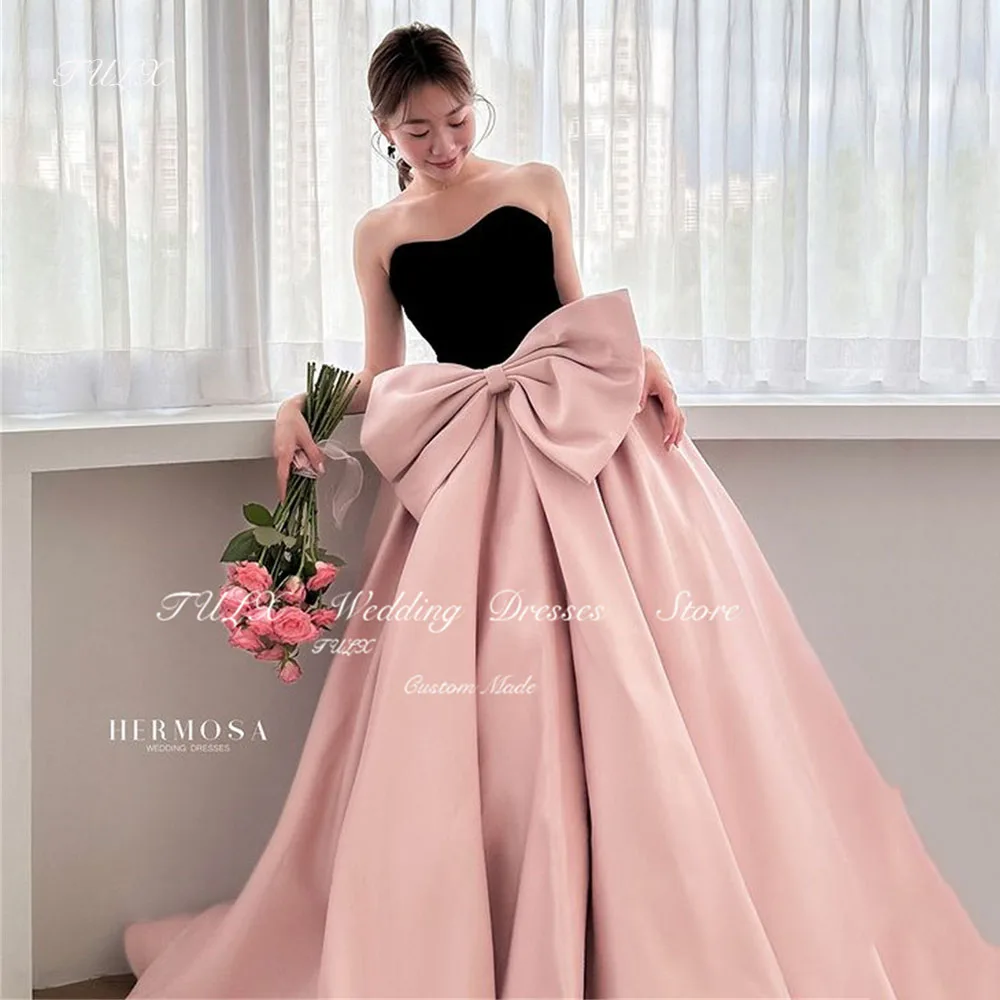 

TULX Princess Black Pink Evening Dress Sweetheart A-line Bow Korea Wedding Party Dress Corset Bridal Long Formal Event Custom