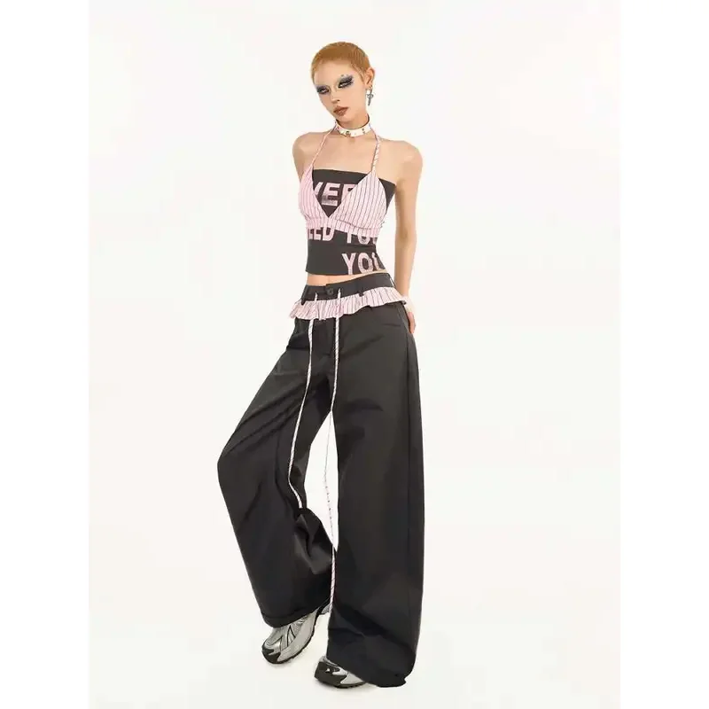 النمط الأمريكي هوتي قطعتين مجموعة رسالة صديرية دائرية الرسن شريط سترة بلايز أنثى النساء السراويل الوردي الأسود