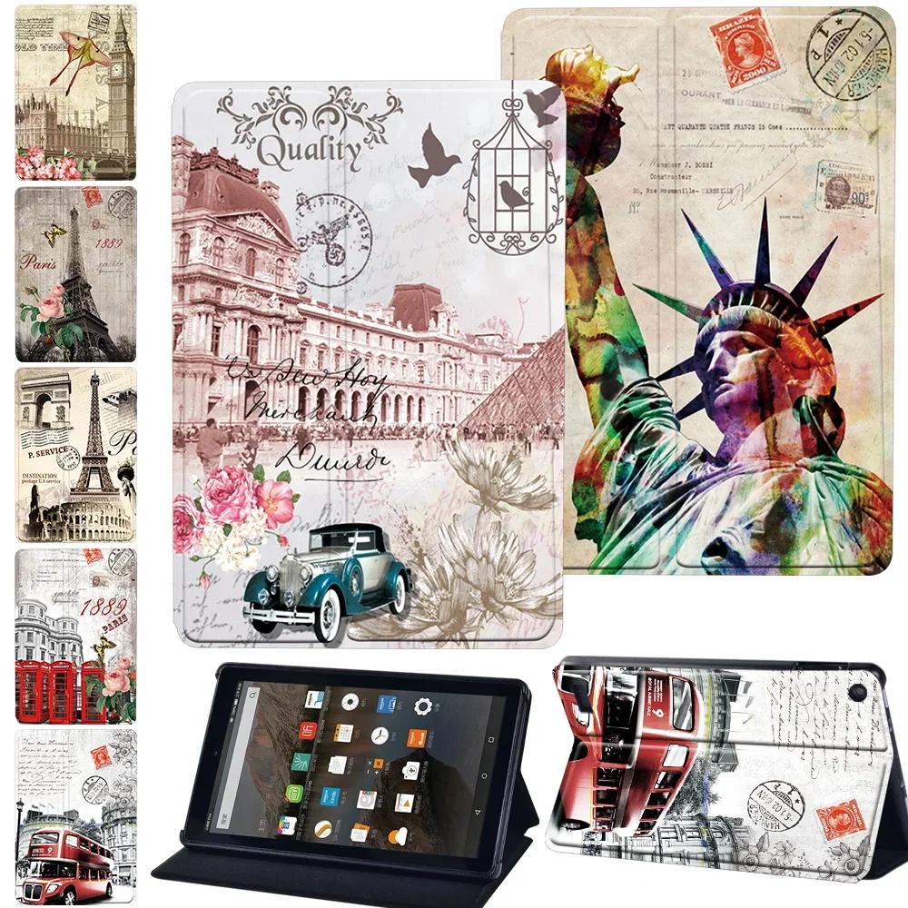 

Tablet Case Foldable for Fire 7/Fire HD 10/10 Plus 11th Gen 2021/Fire HD 8 HD 8 Plus Leather Protective Stand Cover Retro Print