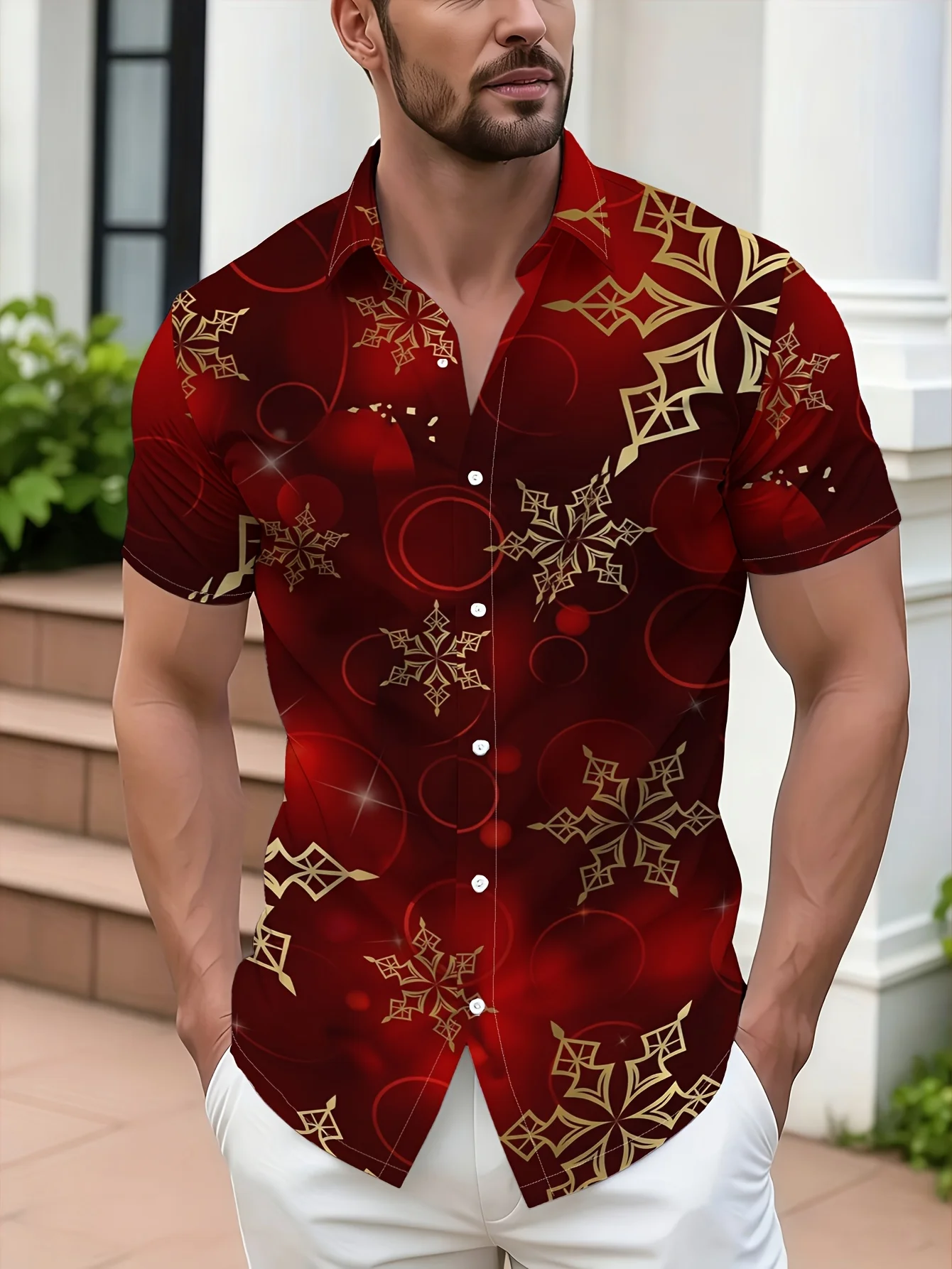 Men Short Sleeve Shirt Red Golden Snowflake Xmas Ornament Print Turn‑Down Collar Button‑Up Holiday Top
