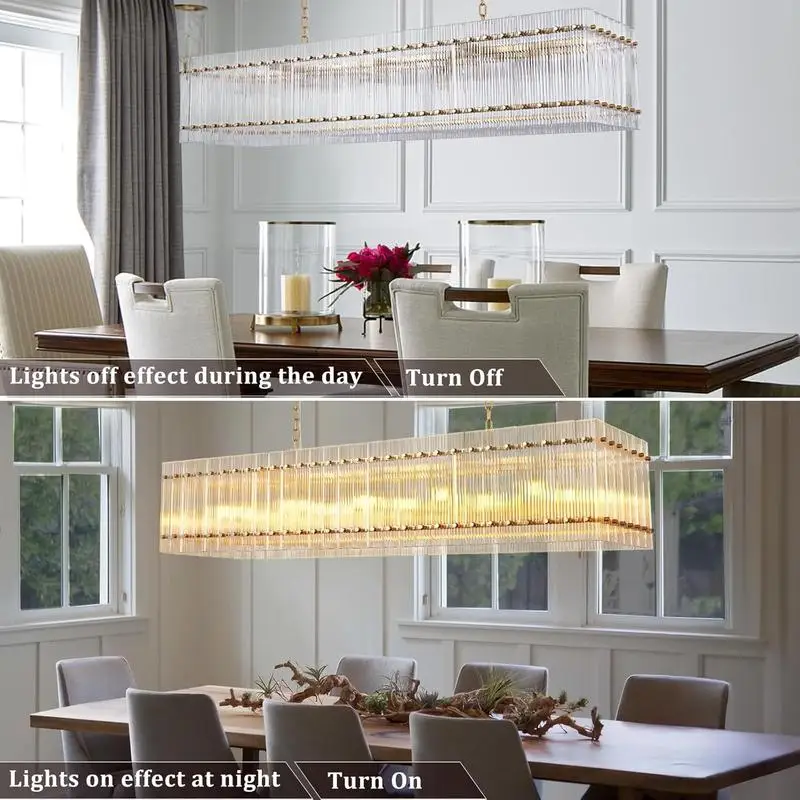 Modern Rectangular Crystal Chandelier, 10-Light Gold Pendant Light Fixture for Dining Room, Living Room, Kitchen Island
