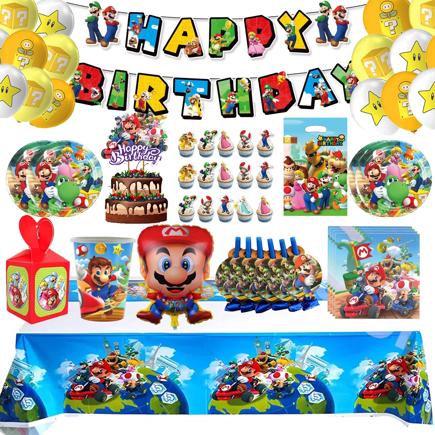 New Super Mario Bros Balloon Party Decor Disposable Tableware Cup Plate Tablecloth Boys Favor Toy Party Supplies Baby Shower ﻿