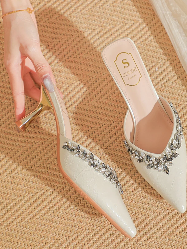 Stunning Diamond Embellished Women's High Heels Elegant Pointed Toe Semi Slip-On Shoes Comfortable Ultra Fiber Leather Inner