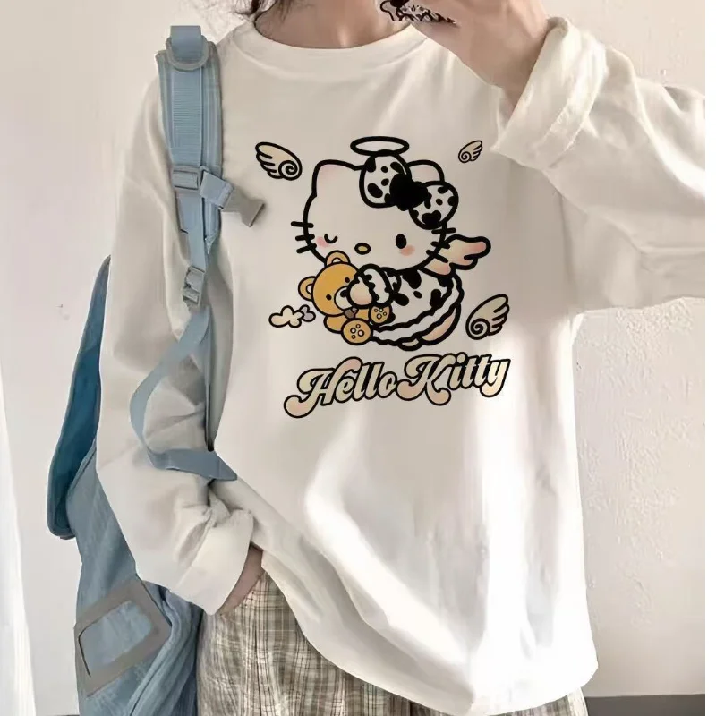 سانريو مرحبا كيتي الشباب المرأة تي شيرت Kawaii الكرتون الخريف والشتاء موضة ملابس امرأة طويلة الأكمام تيز القمم Newstyle #1