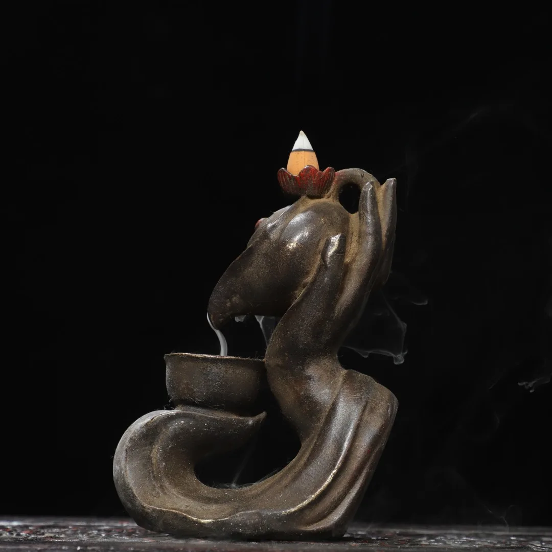 Old Bronze Cinnabar Buddha's hand Lotus shaped Backflow incense Amitabha Incense Burner incense holder Amass wealth Ornaments
