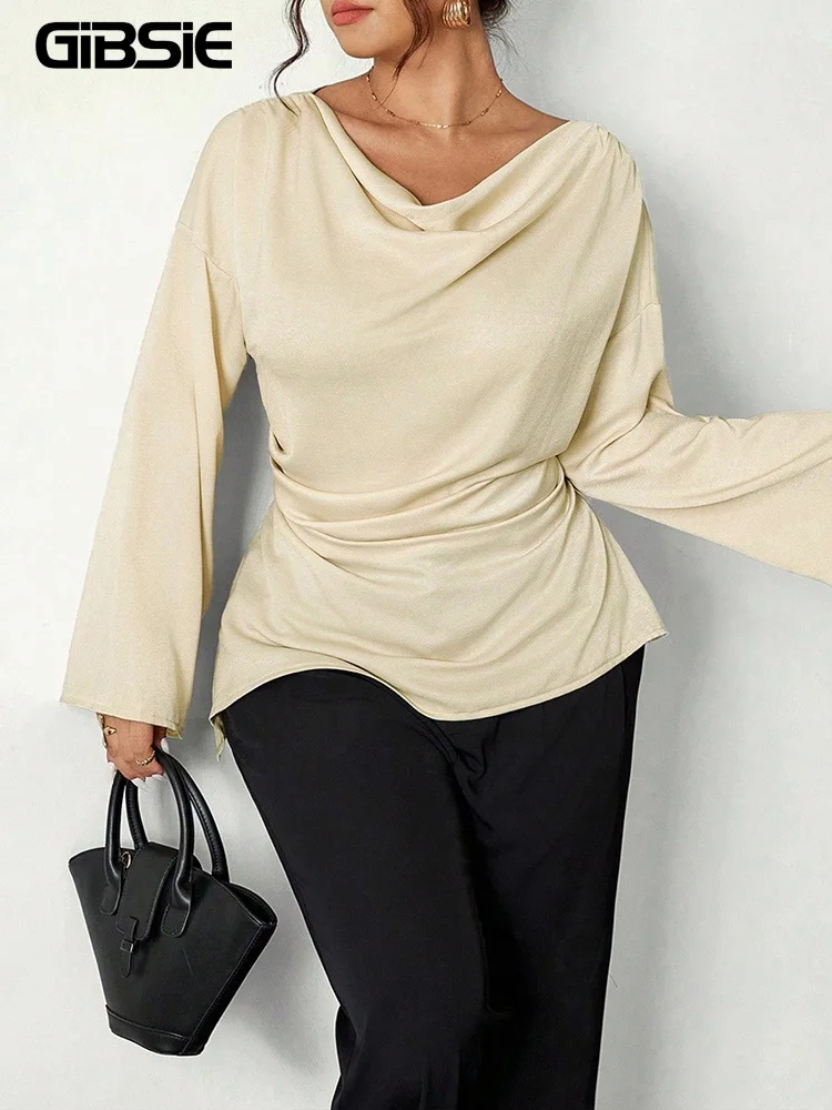GIBSIE Plus Size Swinging Collar Long Sleeve Top Women 2026 Autumn Solid Color Elegant Office Ladies Party Slim Ruched Blouse