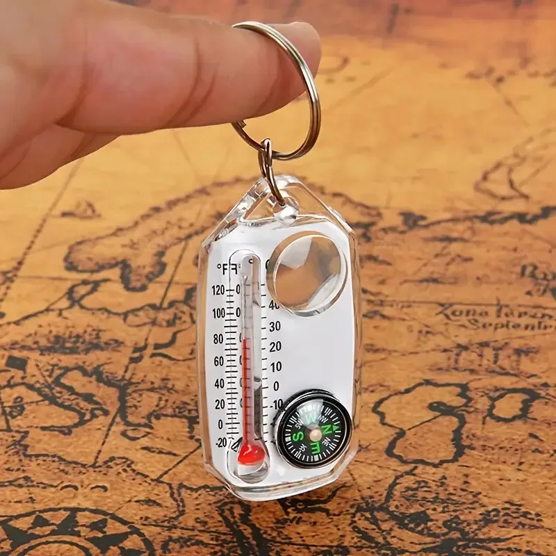3 in 1 Keychain Compass Portable Mini Keychain Outdoor Thermometer Magnifying Glass Compass, Camping Essentials, Survival Tools,